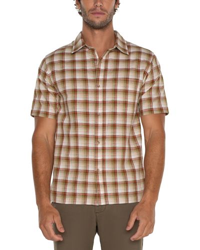 Liverpool Los Angeles Plaid Short Sleeve Cotton & Linen Button-up Shirt - Brown