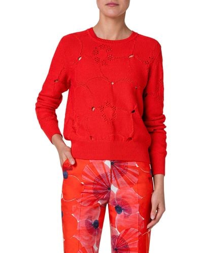 Akris Open Knit Stretch Cotton Crewneck Sweater At Nordstrom - Red