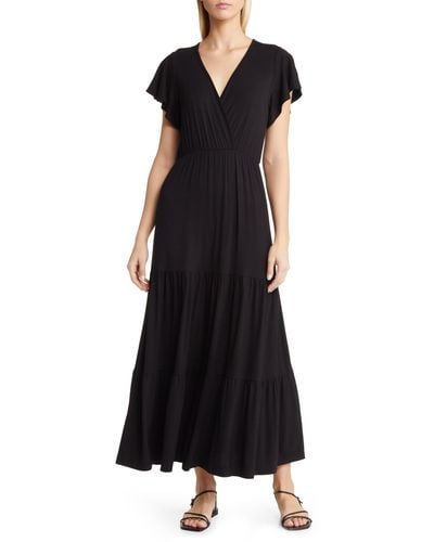 Loveappella Tiered Faux Wrap Knit Maxi Dress - Black