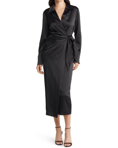 Charles Henry Long Sleeve Satin Midi Wrap Dress - Black