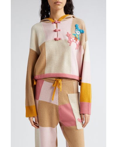 YANYAN Embroidered Checkerboard Hooded Wool Sweater - Pink
