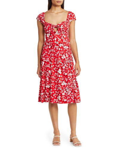 Loveappella Floral Tie Front Cap Sleeve A-line Dress - Red