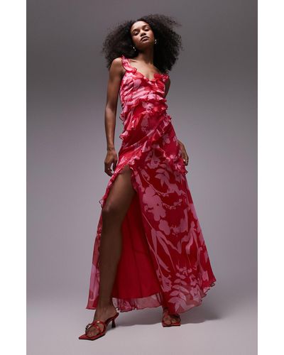 TOPSHOP Floral Ruffle Maxi Dress - Red