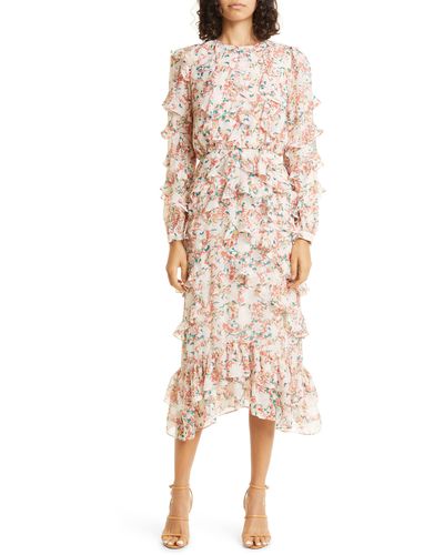 Saloni Floral Print Ruffle Long Sleeve Silk Maxi Dress - Natural