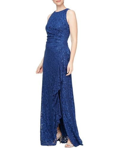 Alex Evenings Ruffle Sequin Lace Gown - Blue