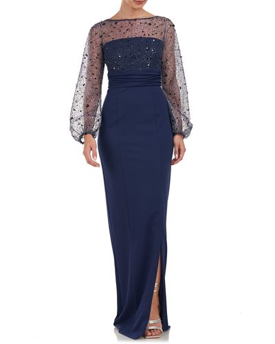 JS Collections Logan Beaded Ilusion Lace Long Sleeve Column Gown - Blue