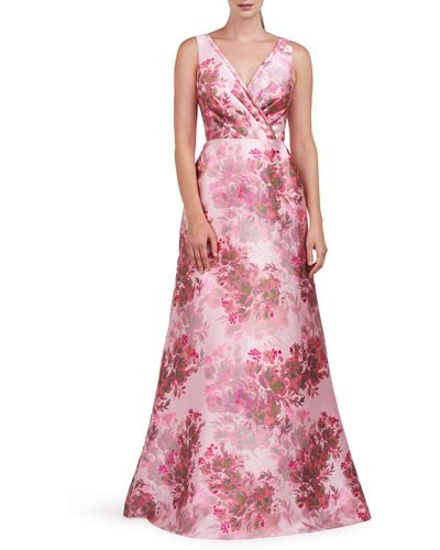 Kay Unger Opal Floral Pleated Surplice V-neck Satin Gown - Pink