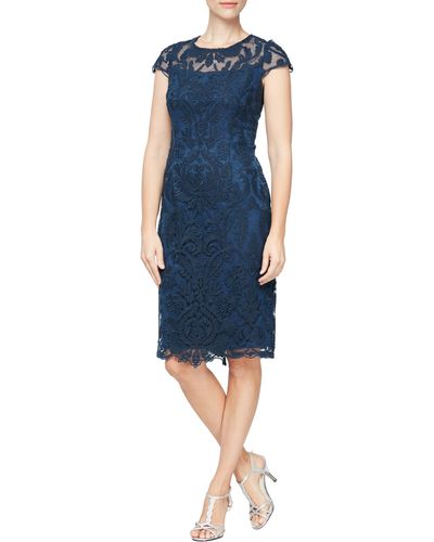 Alex Evenings Embroidered Mesh Cocktail Dress - Blue