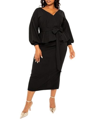 Buxom Couture Convertible Shoulder Belted Peplum Midi Dress - Black