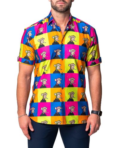 Maceoo Galileo Ape Print Short Sleeve Cotton Button-up Shirt - Multicolor