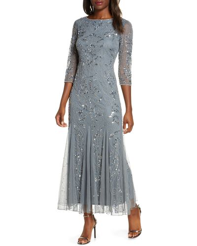 Pisarro Nights Illusion Sleeve Beaded A-line Gown - Multicolor
