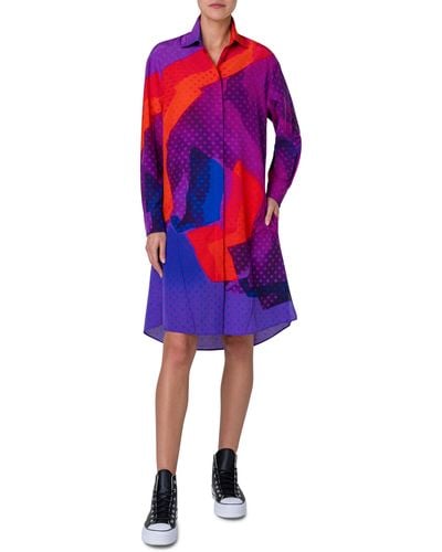 Akris Superimposition Print Long Sleeve Wool & Silk Voile Shirtdress - Red