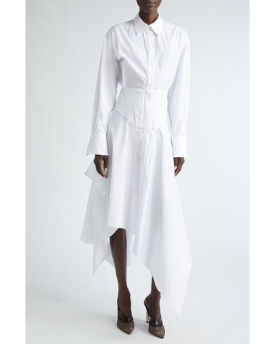Mugler Asymmetric Long Sleeve Poplin Shirtdress - White