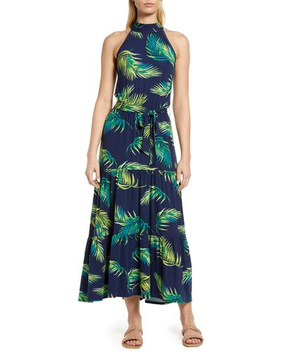 Loveappella Palm Print Halter Neck Knit Maxi Dress - Green