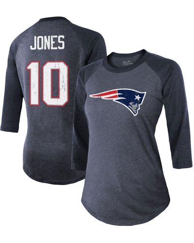 Women's Majestic Threads Mac Jones Navy New England Patriots Player Name & Number Raglan Tri-Blend 3/4-Sleeve T-Shirt