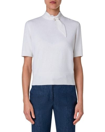 Akris Short Sleeve Cashmere Scarf Neck Sweater - White