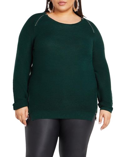 City Chic Zipper Accent High-low Crewneck Sweater - Green