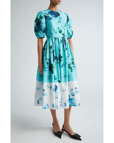 Erdem Dégradé Floral Puff Sleeve Cotton Dress - Blue
