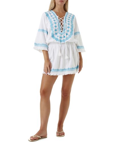 Melissa Odabash Martina Embroidered Lace-up Linen & Cotton Cover-up Dress - Blue