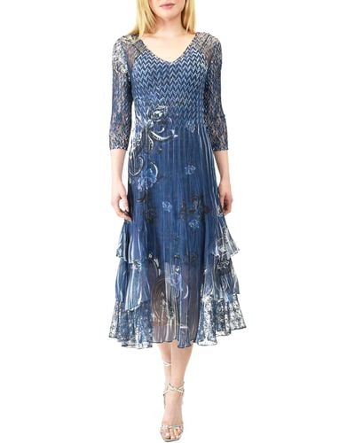 Komarov Floral Charmeuse & Chiffon Midi Cocktail Dress - Blue