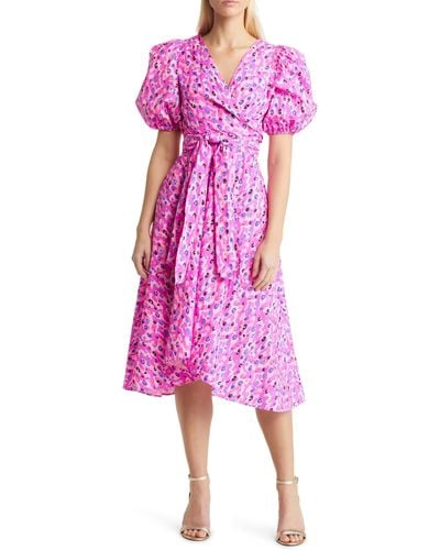 Lilly Pulitzer Juney Puff Sleeve Faux Wrap Midi Dress - Pink