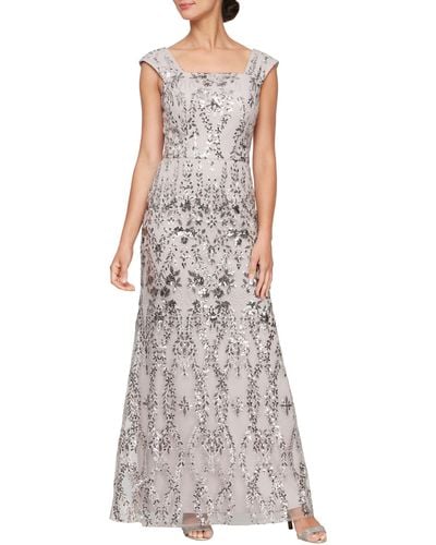 Alex Evenings Sequin Embroidery Fit & Flare Gown - Gray