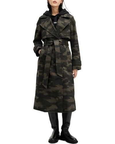 AllSaints Mixie Tie Waist Double Breasted Camo Trench Coat - Black