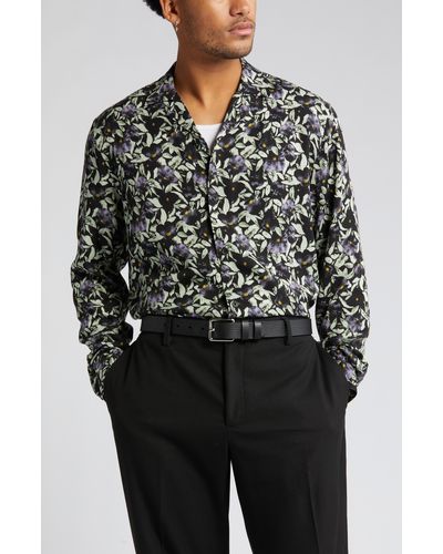 Open Edit Floral Long Sleeve Button-up Camp Shirt - Black
