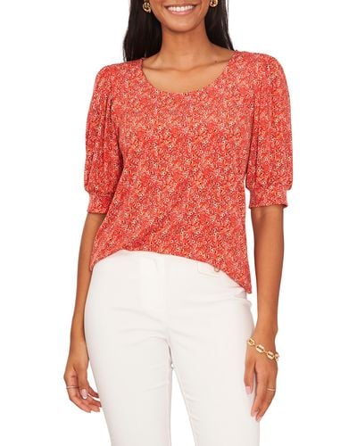 Chaus Floral Puff Sleeve Jersey Blouse - Red