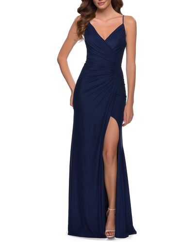 La Femme Strappy Back Ruched Jersey Gown - Blue