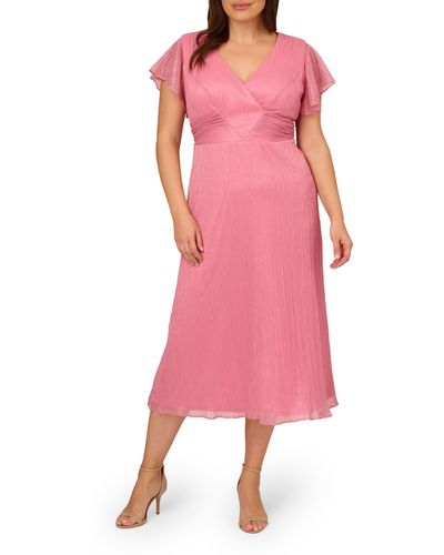 Adrianna Papell Metallic Crinkle Midi Cocktail Dress - Pink