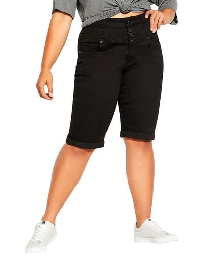 City Chic High Waist Cuffed Denim Bermuda Shorts - Black