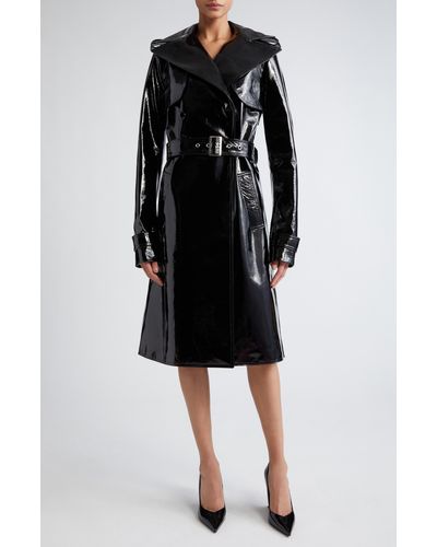 LAQUAN SMITH Crinkle Patent Leather Trench Coat - Black