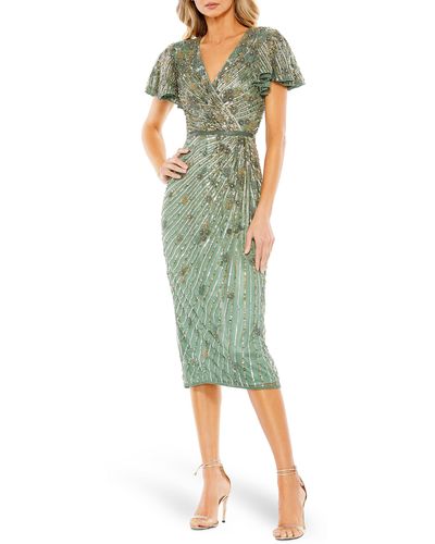 Mac Duggal Sequin Floral Flutter Sleeve Sheath Dress - Green