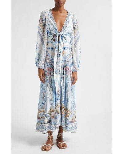 Camilla Print Long Sleeve Silk Crepe Faux Wrap Dress At Nordstrom - Blue