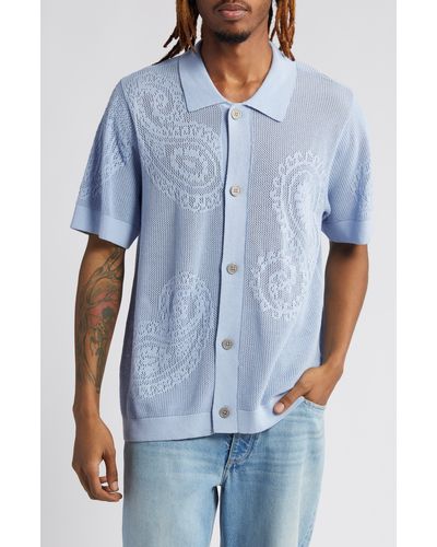 Obey Teardrop Open Knit Short Sleeve Button-up Shirt - Blue