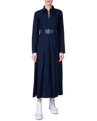 Akris Logo Belt Long Sleeve Wool Mousseline Dress - Blue