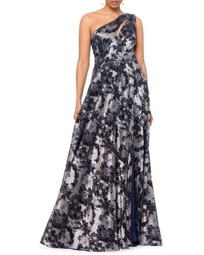 Betsy & Adam Metallic Floral One-shoulder Gown - Blue
