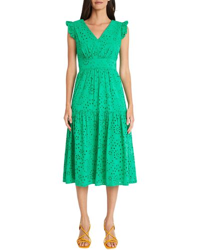 Maggy London Cotton Eyelet Tiered Midi Dress - Green