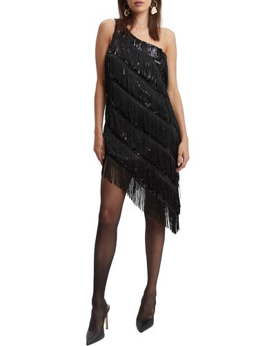 Bardot Lennox Sequin Fringe One-shoulder Cocktail Dress - Black