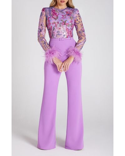 Nadine Merabi Michaela Ostrich & Turkey Feather Belted Long Sleeve Jumpsuit - Purple