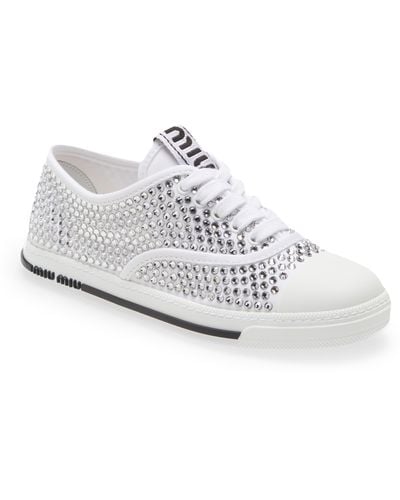 Miu Miu Crystal Embellished Low Top Sneaker - White