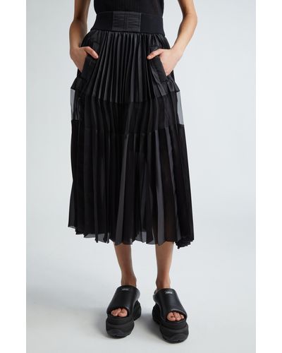 Sacai Sheer Inset Pleated Satin Midi Skirt - Black