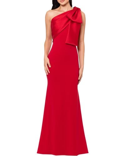 Betsy & Adam Bow One-shoulder Crepe Mermaid Gown - Red