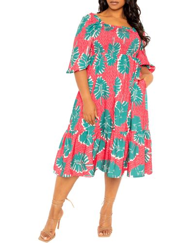 Buxom Couture Print Smocked Midi Dress - Red