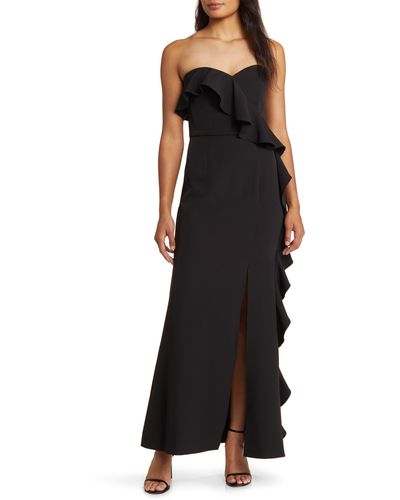 Marina Cascade Ruffle Off The Shoulder Gown - Black