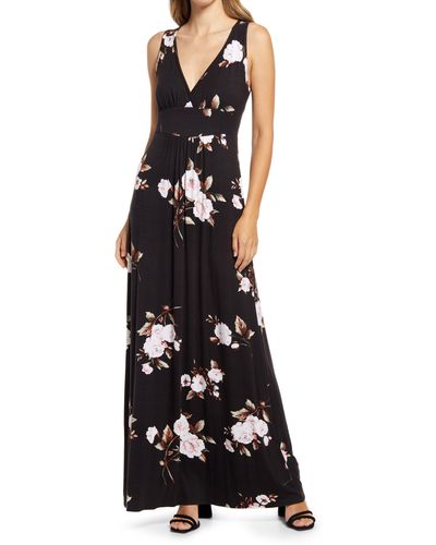 Loveappella Floral Print V-neck Jersey Maxi Dress - Black