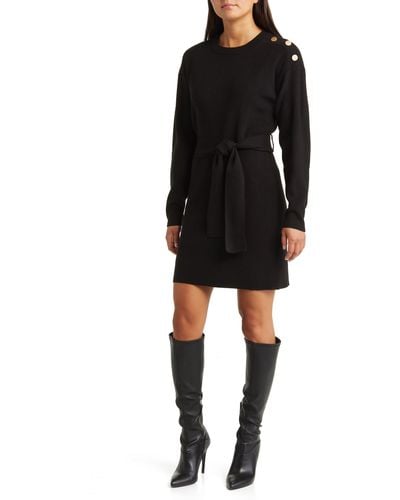 Charles Henry Long Sleeve Belted Mini Sweater Dress - Black
