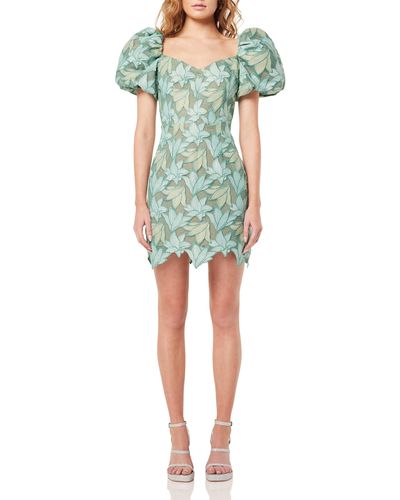 Elliatt Glamour Floral Embroidery Puff Sleeve Minidress - Green