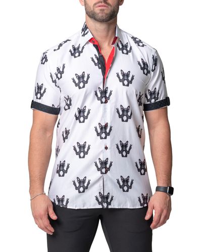 Maceoo Galileo Dogpeace Short Sleeve Contemporary Fit Button-up Shirt - White
